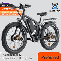 2000W Dual Motor Mountain Electric Bike: SMLRO V3 PLUS Fat Tire 26*4.0 Inch 7 Speed MTB Road Snow Mountain E-Bike