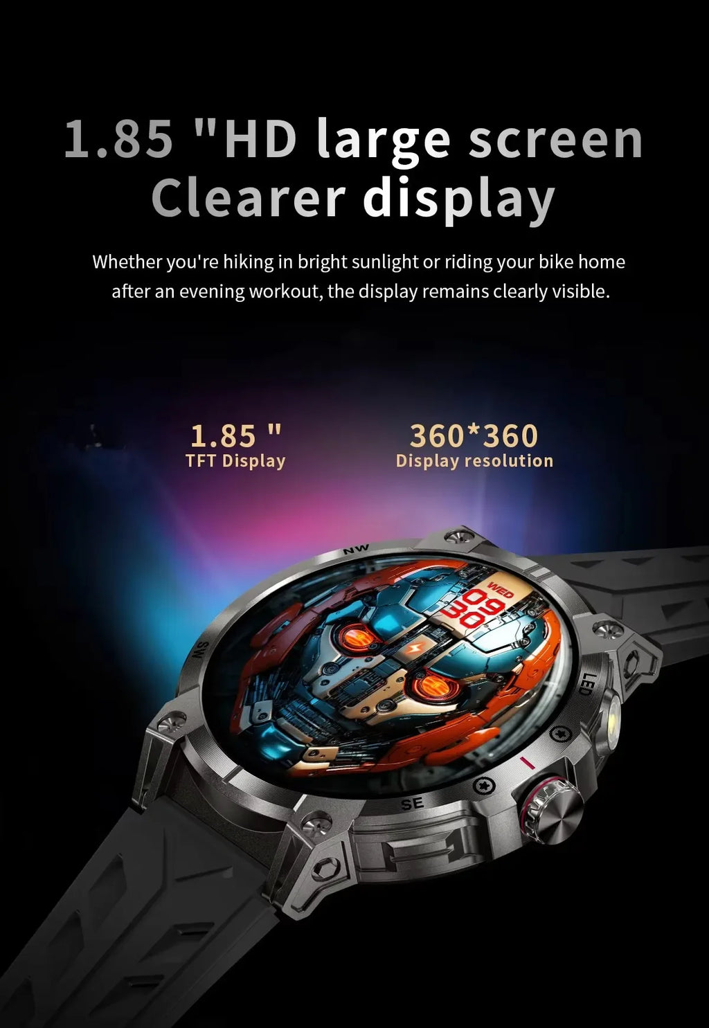 Gaines KC89 Smart Watch Men Outdoor Sports LED Flashlight Copmpass Bluetooth Call AI Voice Health Monitoring Fitness Track Smart