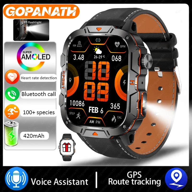 Outdoor Military IP68 Waterproof LED flashlight Smartwatch Men's 420mAh battery Sports Fitness Watch Bluetooth Talk Smartwatch