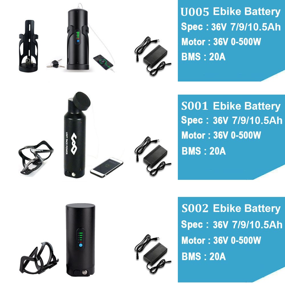 Bottle EBike Battery with 18650 Lithium-Ion Cells and Sanyo E-Bike Battery for Bafang Tonsheng Motor Kits - 36V 7Ah, 9Ah, and 10.5Ah Options Available