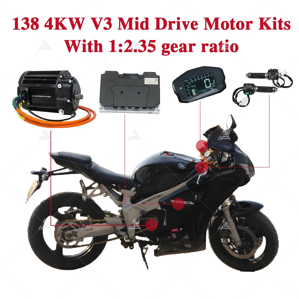 New QS138 90H V3 4KW 7200rpm with 1:2.35 gear box Mid Drive Motor Kits with ND72680 Controller 350A 680A Line Communication