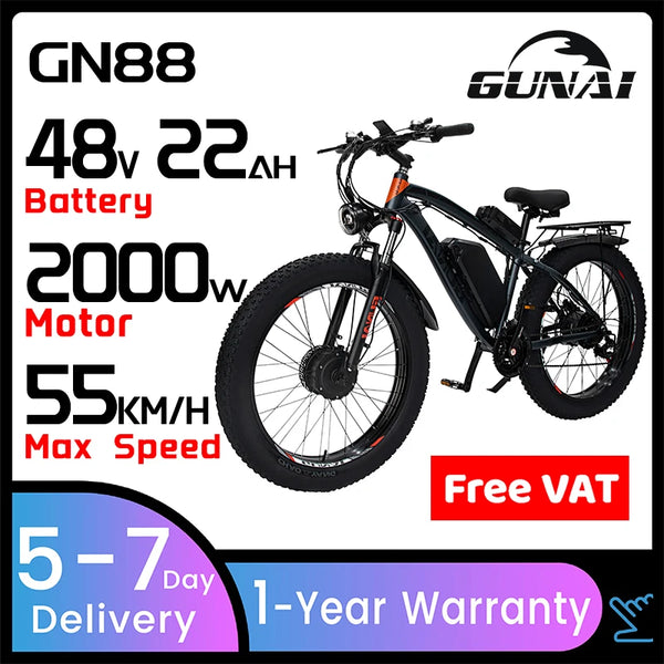 GUANI GN88 Electric Bike 4.0*26 Inch Fat Tire Cross Country Bike Dual Motor With 48V 2000W Brushless Motor Waterproof Adult Bike