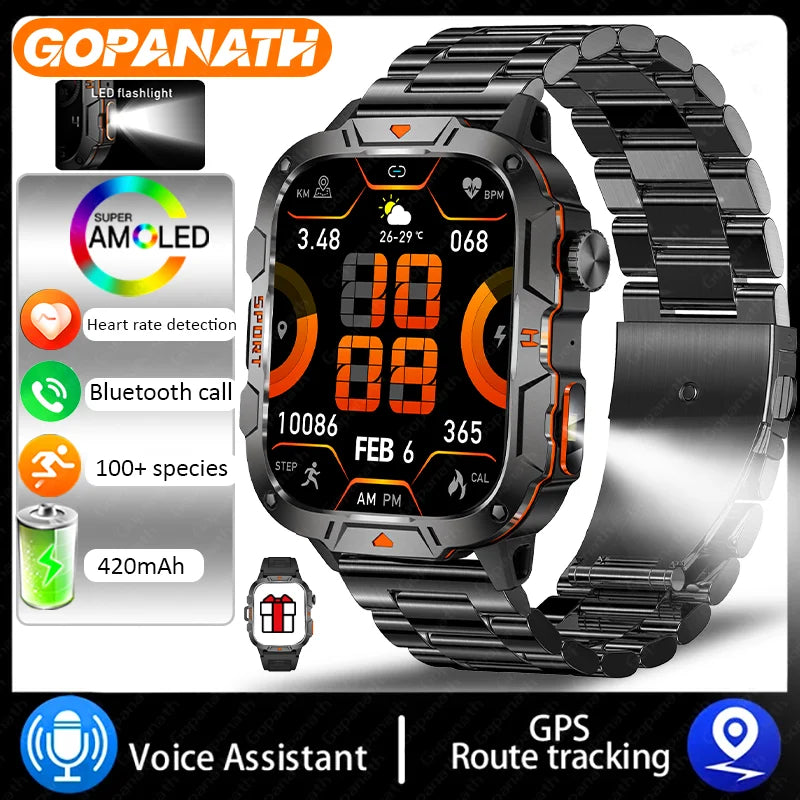 Outdoor Military IP68 Waterproof LED flashlight Smartwatch Men's 420mAh battery Sports Fitness Watch Bluetooth Talk Smartwatch