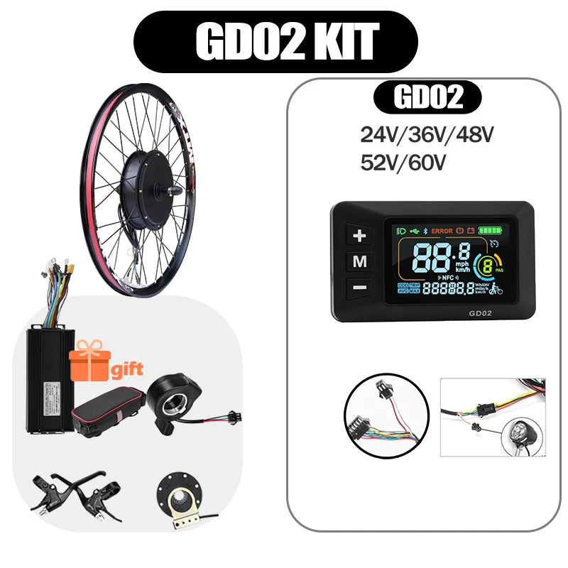 48V/52V 2000W Electric Bike Conversion Kit - Brushless Gearless Hub Motor (Front / Rear) with MTX39 Rim & 40A Controller