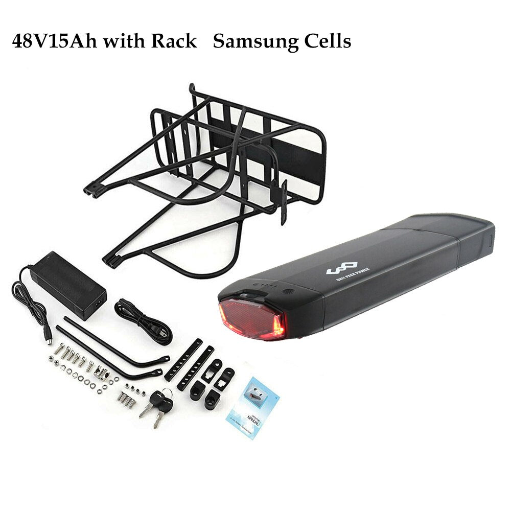 Electric Bicycle Rear Rack Battery with LG 18650 21700 Battery Cells - 36V/48V 12Ah/13Ah/15Ah Lithium Battery for Ebike Motors up to 1000W