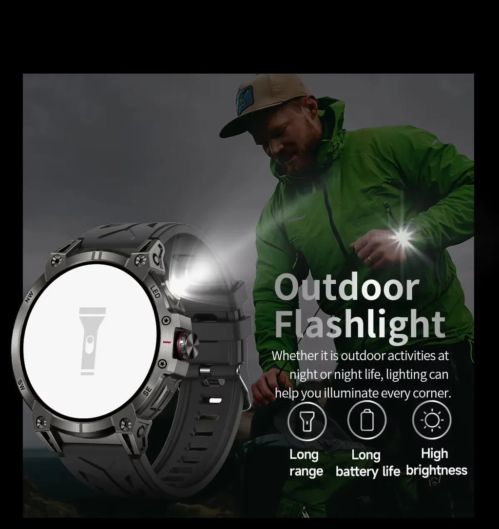 Gaines KC89 Smart Watch Men Outdoor Sports LED Flashlight Copmpass Bluetooth Call AI Voice Health Monitoring Fitness Track Smart