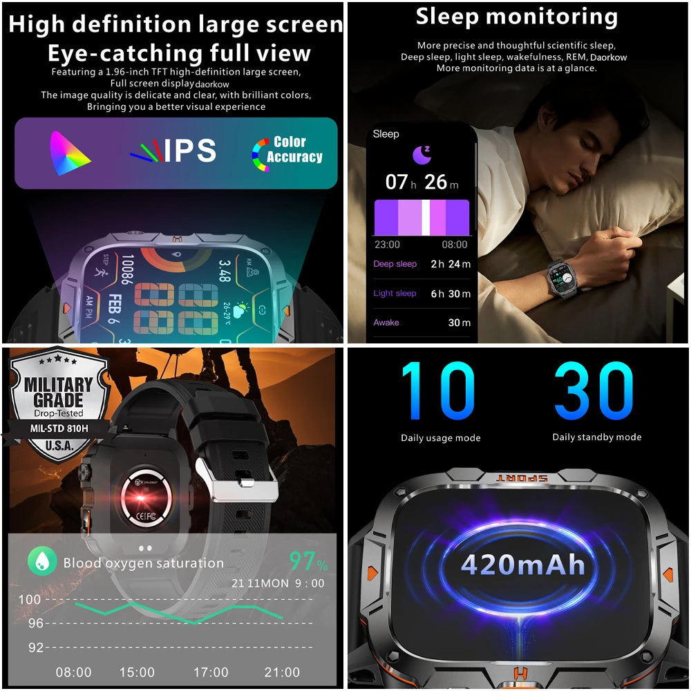 Outdoor Military IP68 Waterproof LED flashlight Smartwatch Men's 420mAh battery Sports Fitness Watch Bluetooth Talk Smartwatch