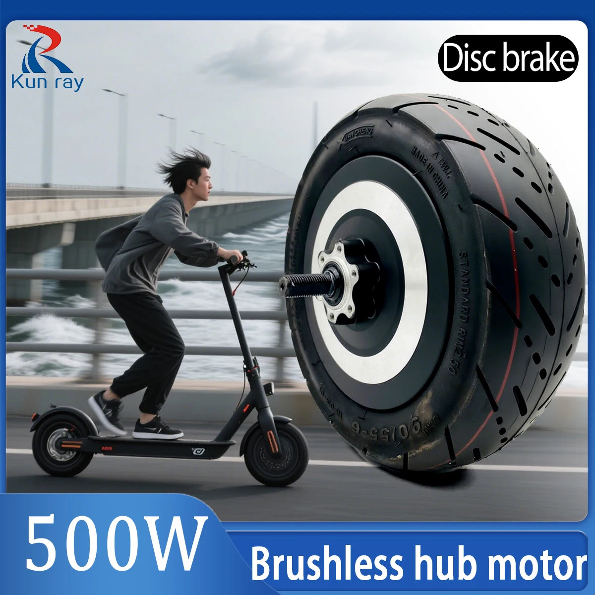 Kunray 10-Inch Electric Scooter Rear Wheel Hub Motor (36V 500W, Peak 1000W) with 90/55-6 Tubeless Tire & Disc Brake Mount