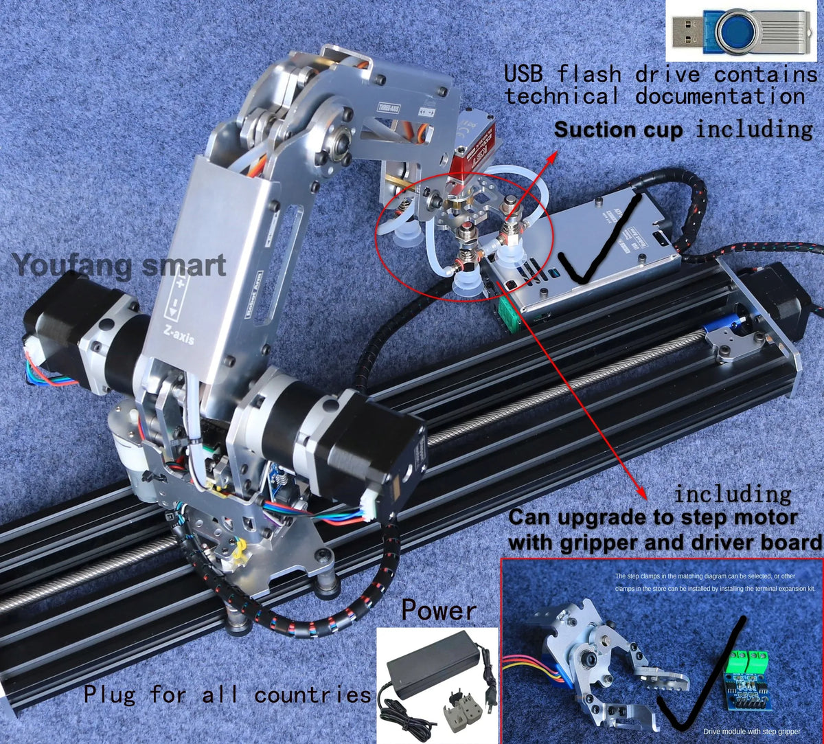Multi Axis Robotic Arm Industrial Stepping Metal Manipulator For Arduino 2560 Robot DIY Kit with Suction Cup/Stepper Motor Claw