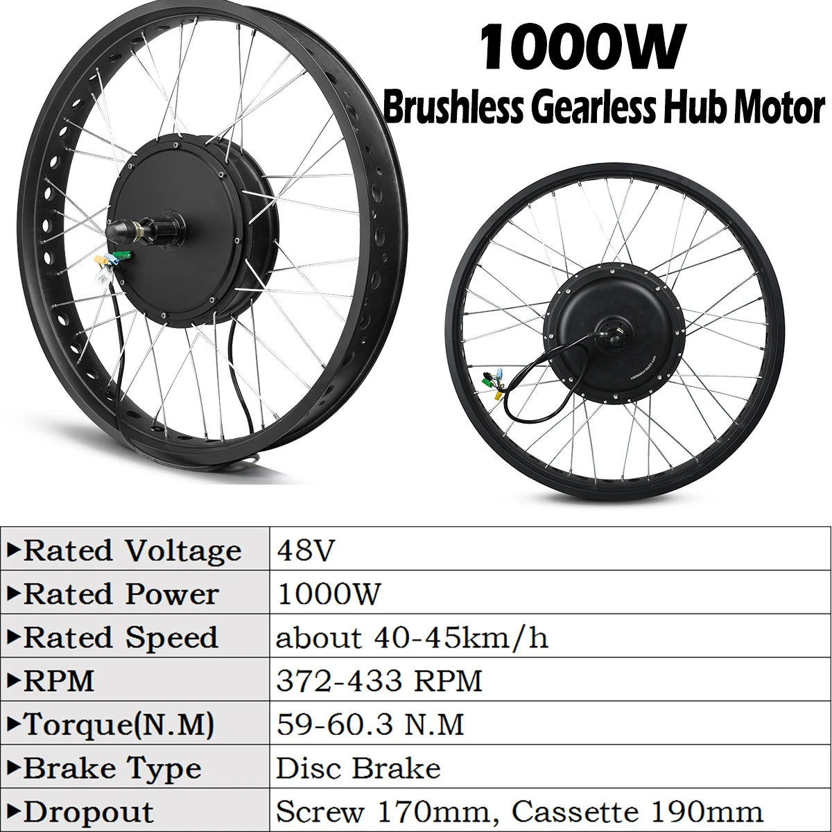 48V 1000W-1500W Fat Tire Electric Bike Conversion Kit - Waterproof Rear Hub Motor (20", 26" × 4.0")