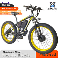 Dual Motor Mountain Ebike SMLRO New XDC600 Electric Bicycle with 2000W Brushless Motor and Mechanical Disc Brakes 26 Inch 7 Speed 4.0 Fat Bikes Shock Absorber Fork