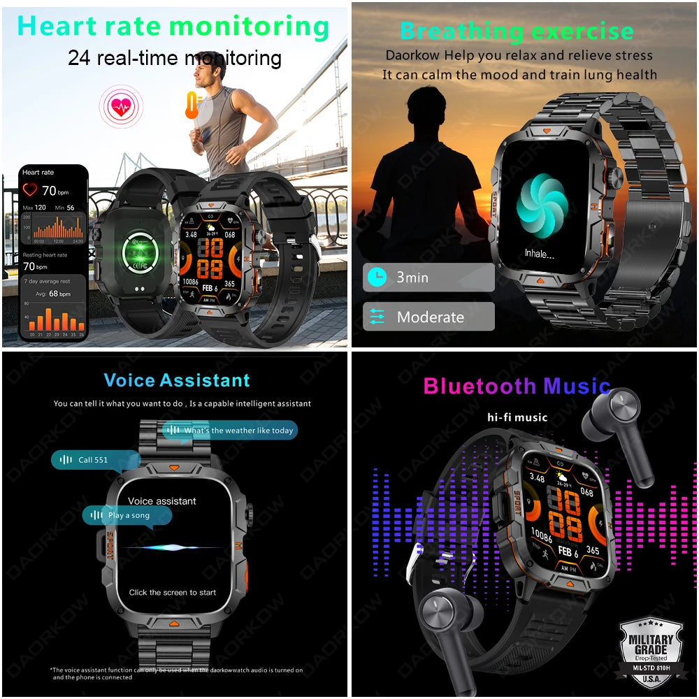 Outdoor Military IP68 Waterproof LED flashlight Smartwatch Men's 420mAh battery Sports Fitness Watch Bluetooth Talk Smartwatch