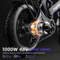 EUY K6T Unibody Magnesium Alloy 1000W 48V 16AH Folding Electric Bicycles, 20" Fat Tire Full Suspension Electric Bike for Adults