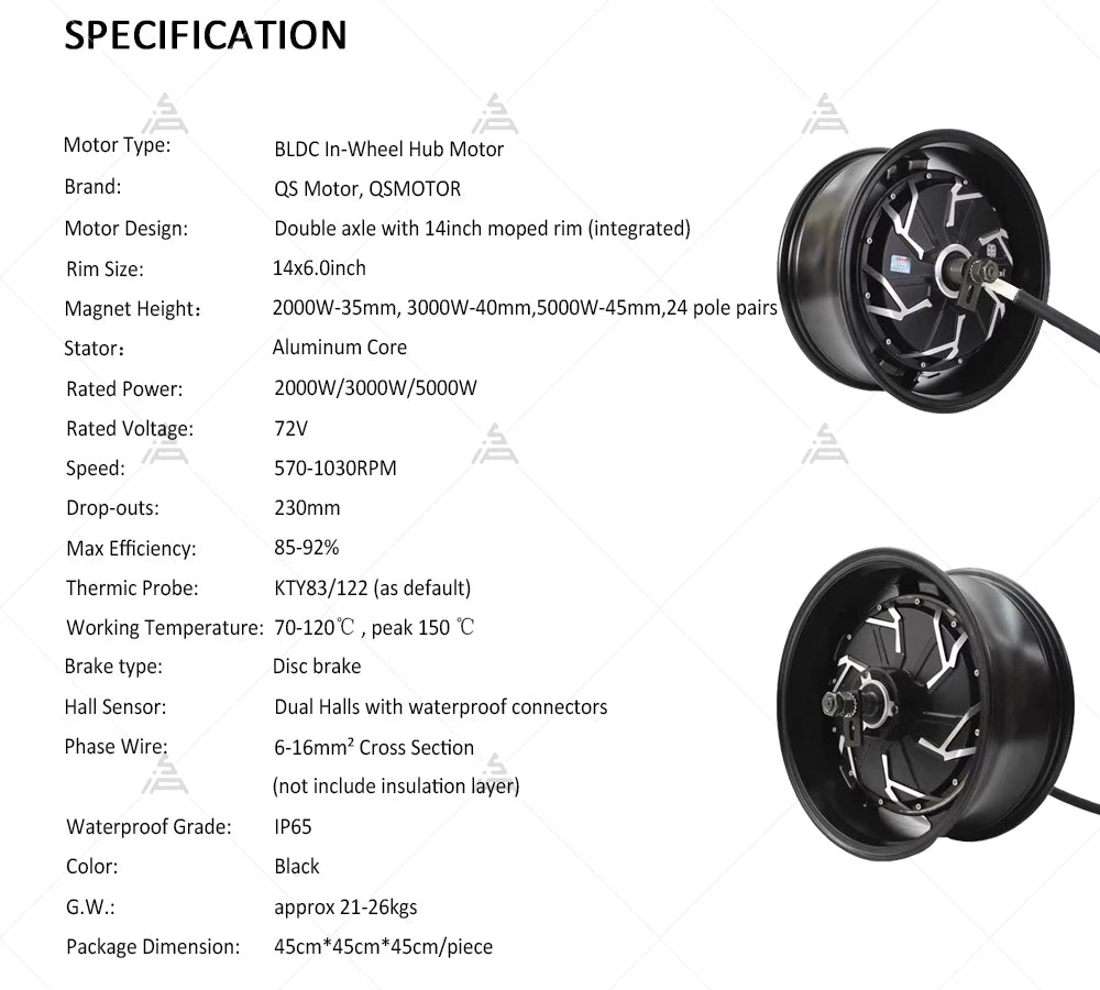 QS Motor 14*6.0inch 2000W/3000W/5000W 260 30-45H V4 High Power Hot Sale BLDC Motor In-wheel Hub Motor