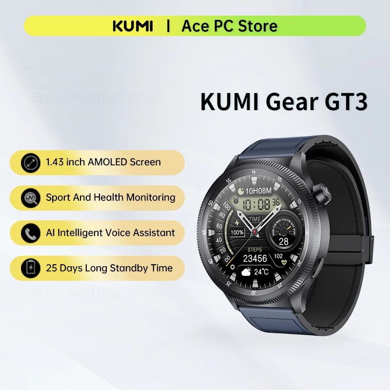 KUMI Gear GT3 Smart Watch 1.43 Inch Amoled Screen SmartWatch AI Voice Assistant Bluetooth Call Sport Watch 10 Days Battery Life