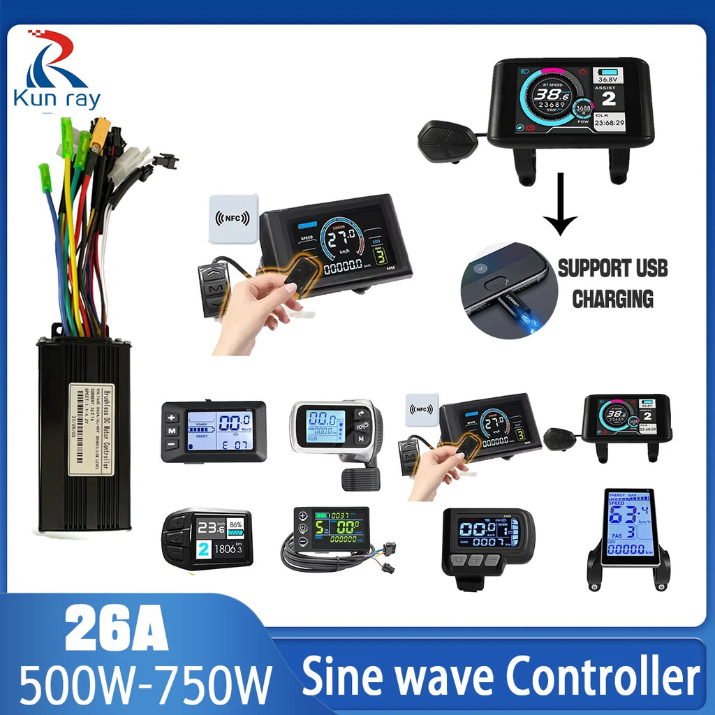 Kunray 26A Three-Mode Sine Wave Brushless Controller & LCD Display Kit (24V/36V/48V 500W–750W) with Self-Learning