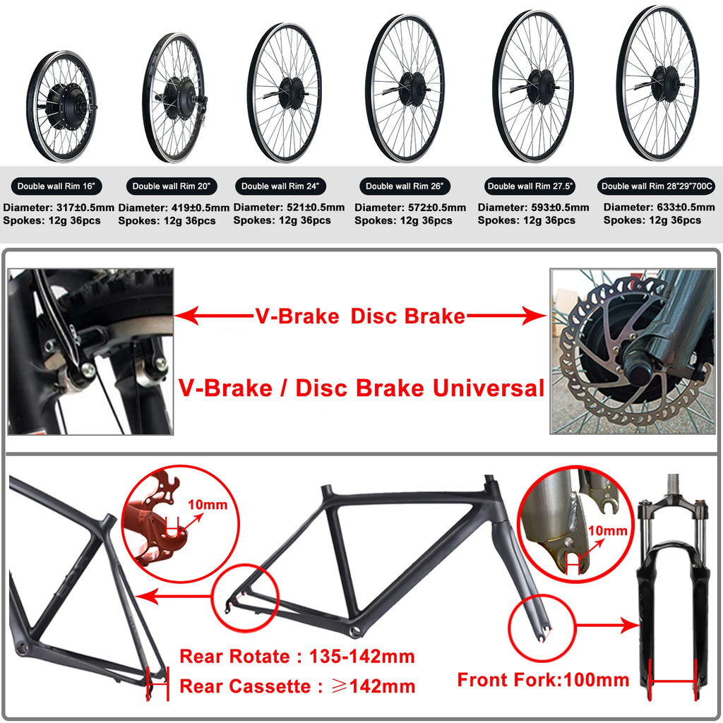 36V/48V 500W Electric Bike Conversion Kit - Front & Rear Geared Hub Motor Wheel