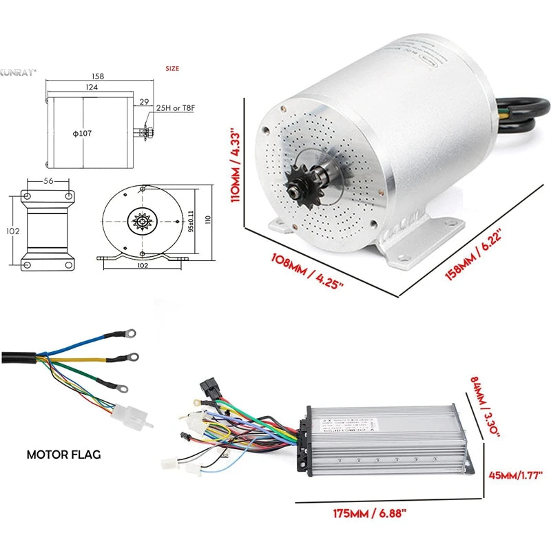 Kunray 1000W 36v 3 Speed Throttle for 3000W 72V  E-bike DC Motor Brushless Motor 48V 2000W Conversion Kits for Scooters Go-Karts