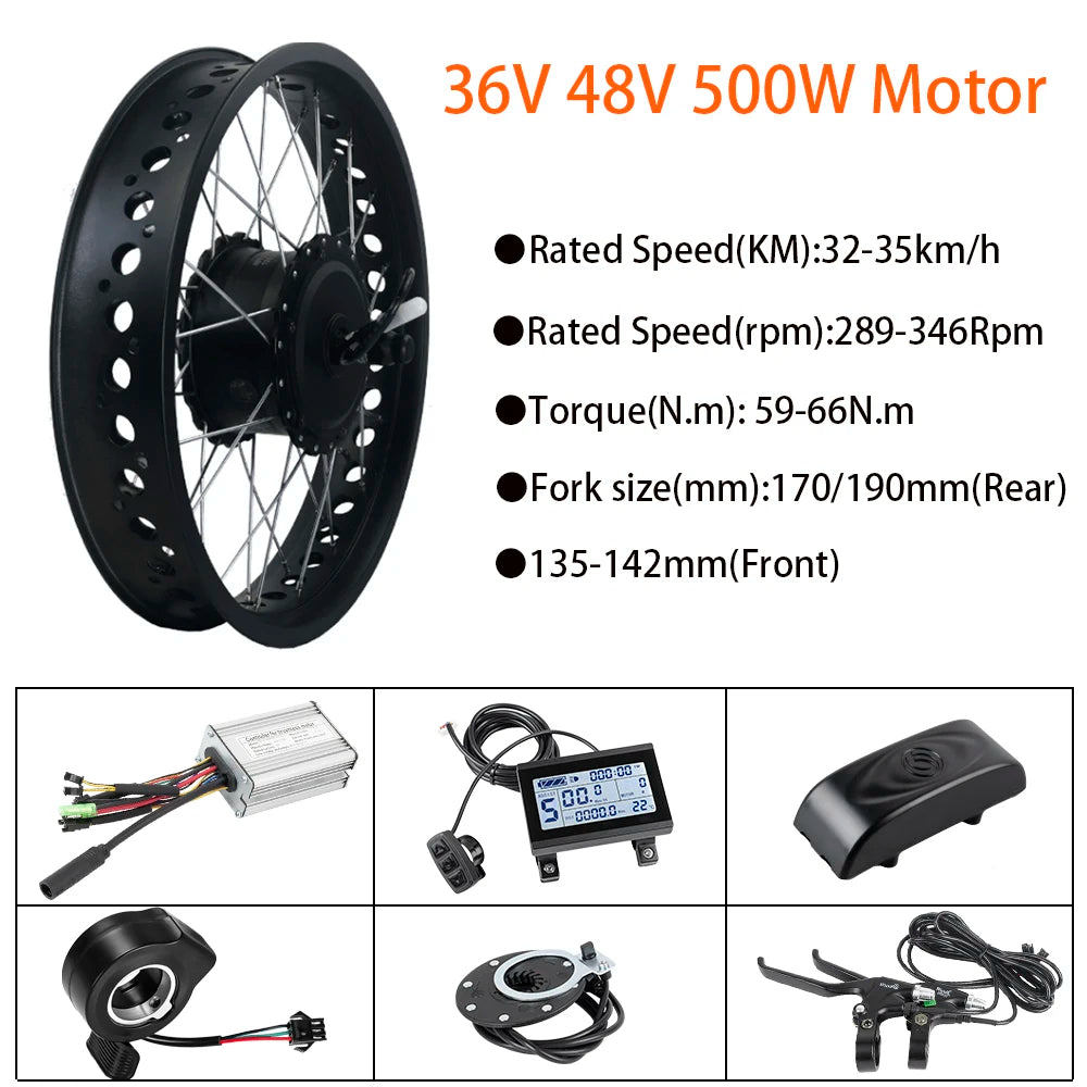Fat Tire Electric Bike Kit 36V/48V 500W - Snow & Sand E-Bike Hub Motor Kit (20", 24", 26" × 4.0")