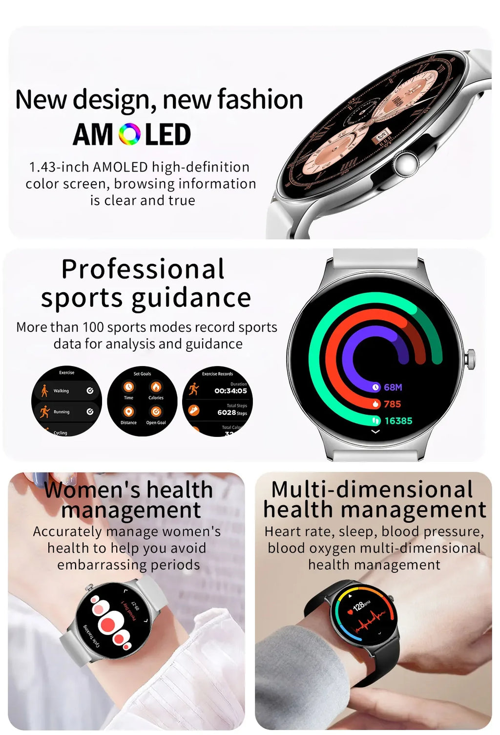 Gaines V89 Women Smart Watch 1.43inch Amoled Large Screen Bluetooth Calling Health Monitoring DA09 Fashion Ladies Smartwatch