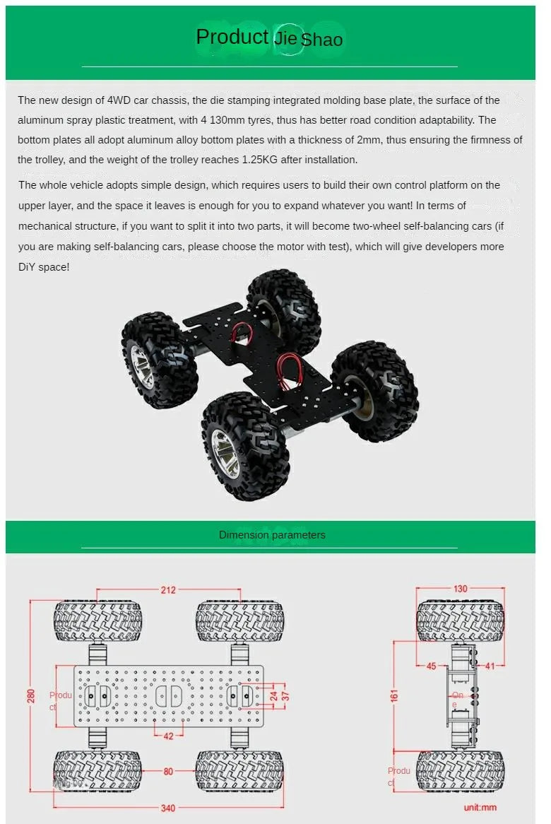 5kg Load 4WD Robot Car 12V DC Motor Off Road Wheel Chassis for Arduino Robot DIY Kit Programmable Robot Car RC Tank Big Chassis