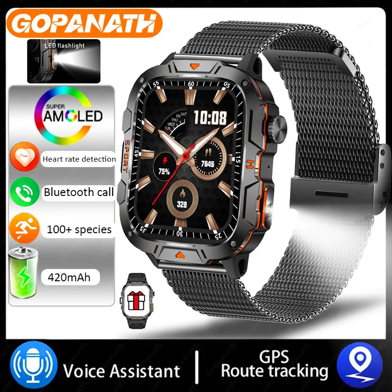Outdoor Military IP68 Waterproof LED flashlight Smartwatch Men's 420mAh battery Sports Fitness Watch Bluetooth Talk Smartwatch