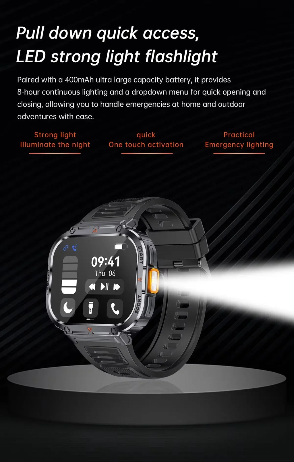 Gaines NX23 Smart Watch 2inch Ultra Large Screen LED Light Flashlight BT Calling AI Voice 400mAh Men Fitness Sports Tracker Smart