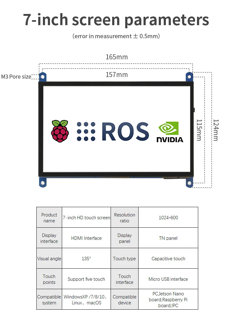 7-inch Touch Display Screen with Aluminum Alloy Bracket for Stable Support and Anti-drop for Raspberry Pi Jetson Car ROS Robot