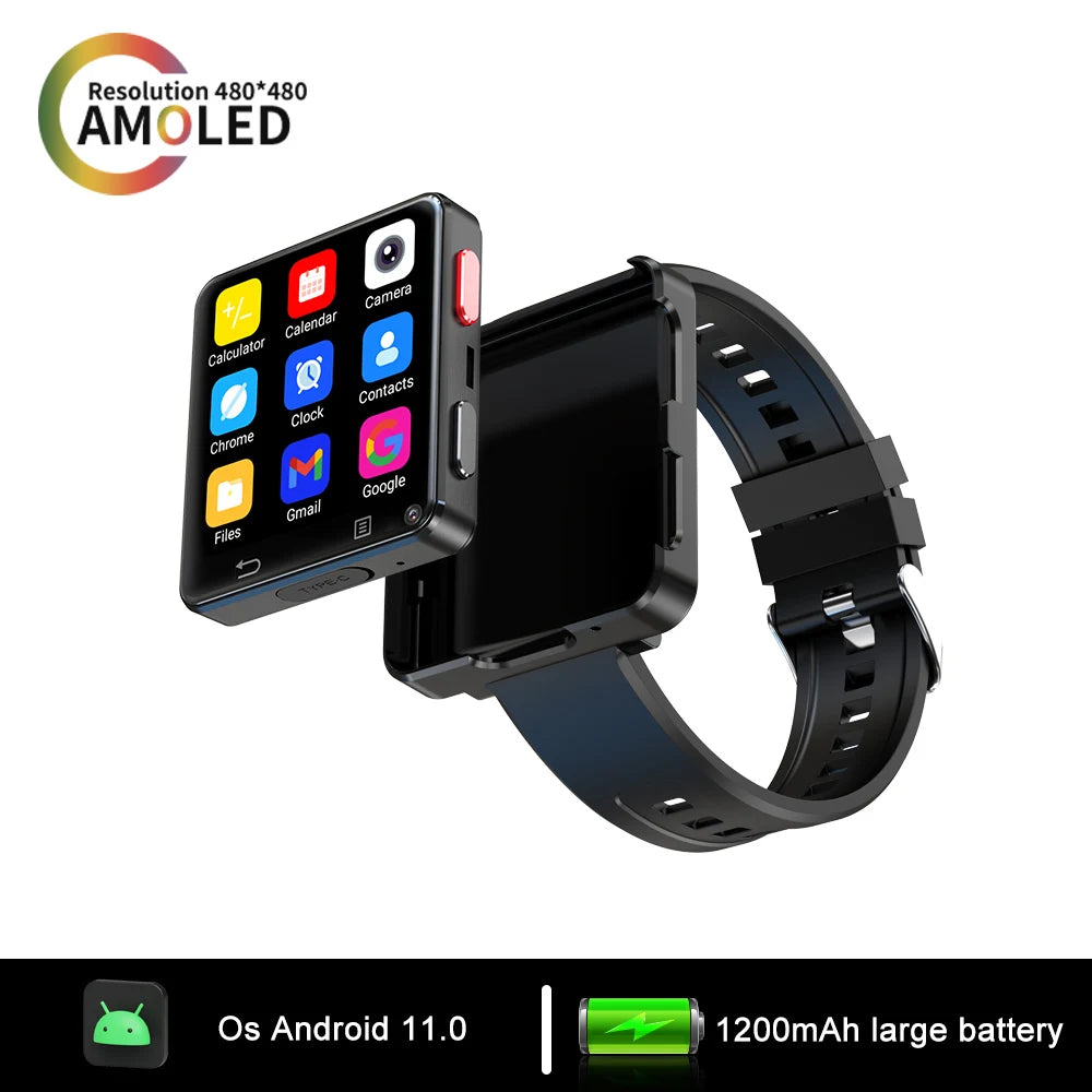 XUESEVEN KOM88 4G SIM Card Smart Watch Android 11.0 OS WIFI 2.64 inch Big Screen 500W Dual Camera GPS 1200mAh Battery Smartwatch