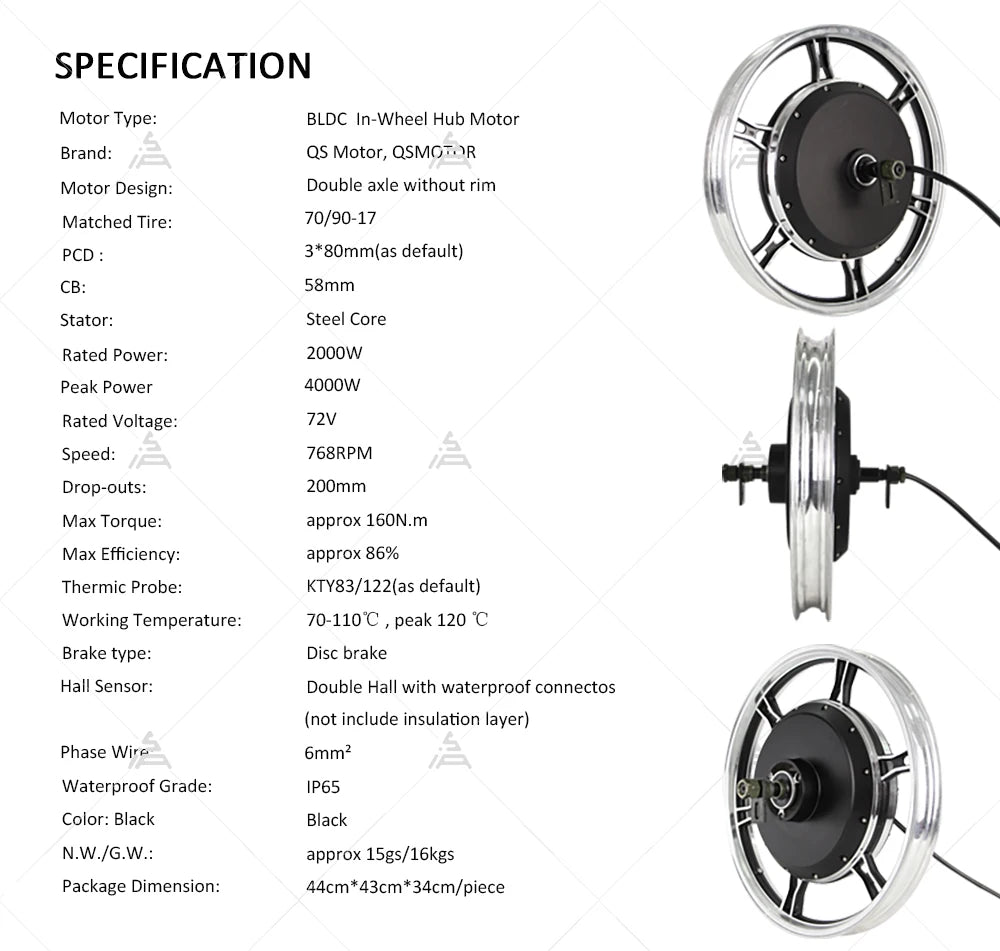 SiAECOSYS QSMOTOR 17x1.6inch 2000W 72V 70kph Hub Motor with EM80GTSP Controller and Kits for Scooter