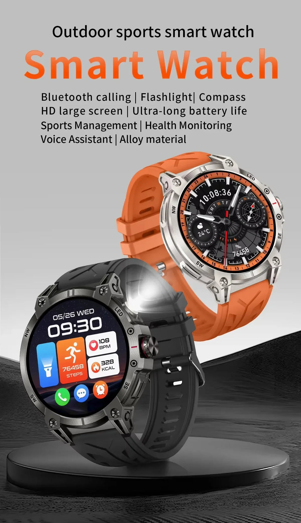 Gaines KC89 Smart Watch Men Outdoor Sports LED Flashlight Copmpass Bluetooth Call AI Voice Health Monitoring Fitness Track Smart