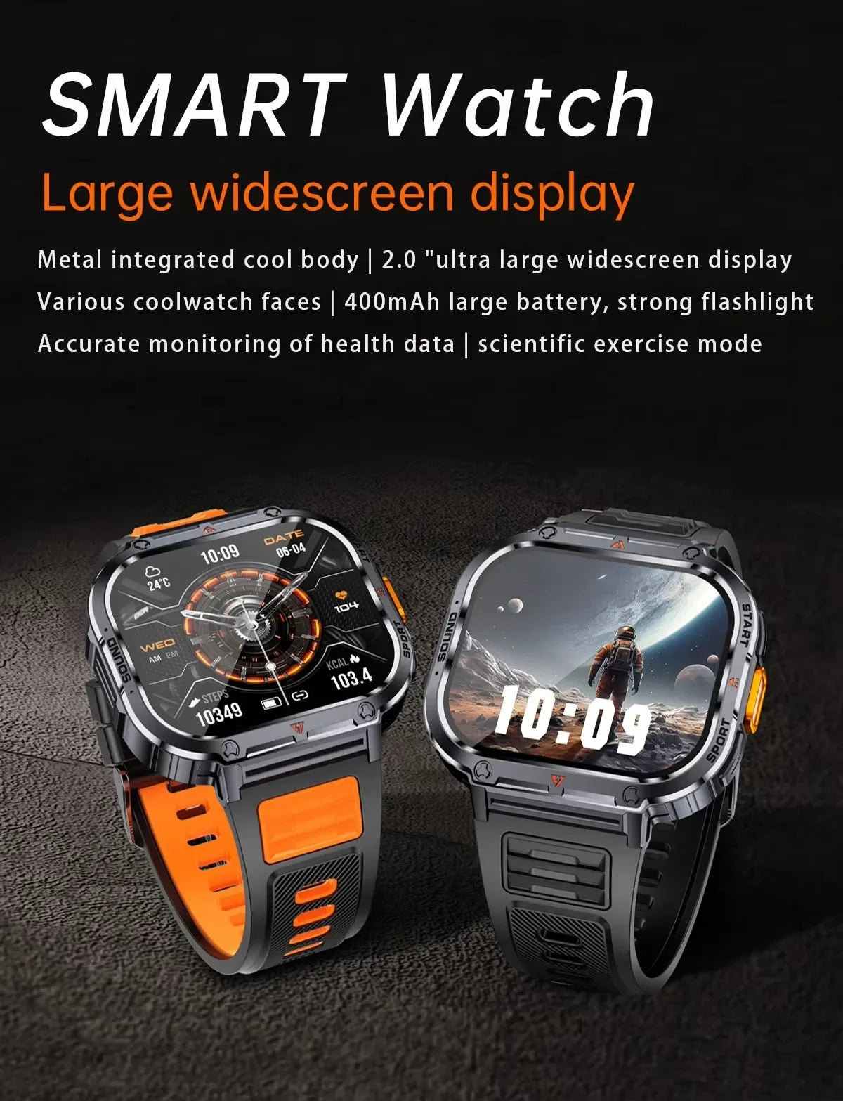 Gaines NX23 Smart Watch 2inch Ultra Large Screen LED Light Flashlight BT Calling AI Voice 400mAh Men Fitness Sports Tracker Smart