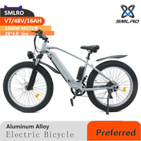 SMLRO V7 1000W Fat Tire Electric Mountain Bike  Alloy Shock Absorbing Frame Mountain Ebike 26*4.0 "7 Speed Road MTB