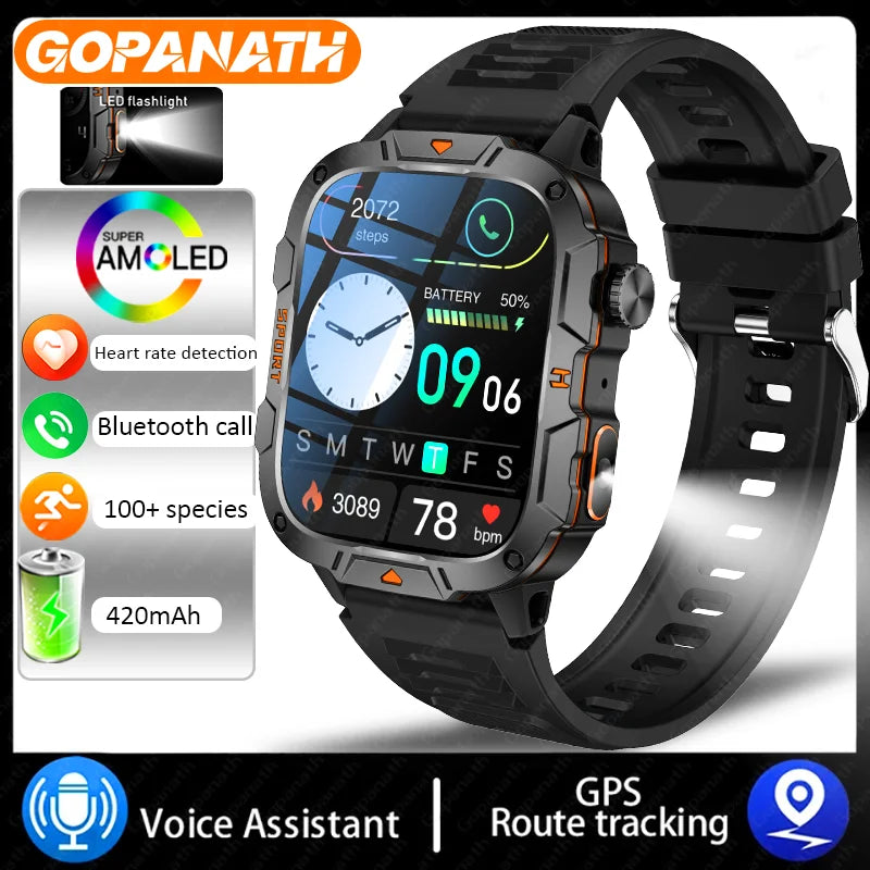Outdoor Military IP68 Waterproof LED flashlight Smartwatch Men's 420mAh battery Sports Fitness Watch Bluetooth Talk Smartwatch