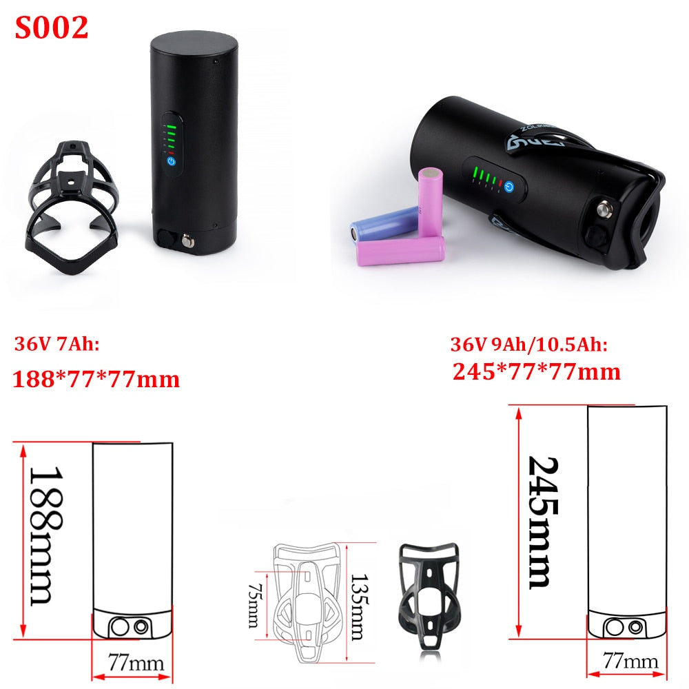 Bottle EBike Battery with 18650 Lithium-Ion Cells and Sanyo E-Bike Battery for Bafang Tonsheng Motor Kits - 36V 7Ah, 9Ah, and 10.5Ah Options Available