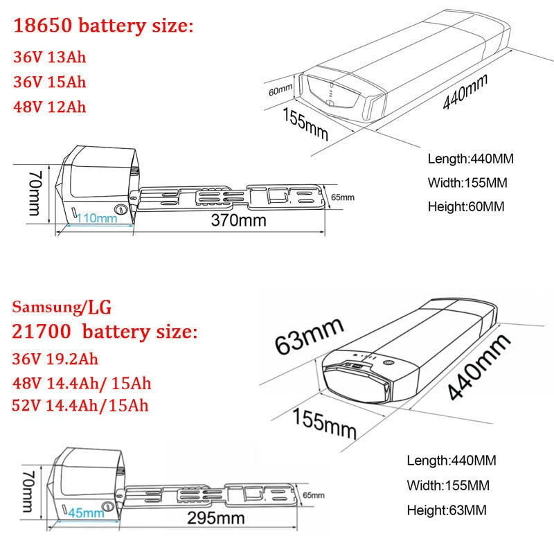 Electric Bicycle Rear Rack Battery with LG 18650 21700 Battery Cells - 36V/48V 12Ah/13Ah/15Ah Lithium Battery for Ebike Motors up to 1000W