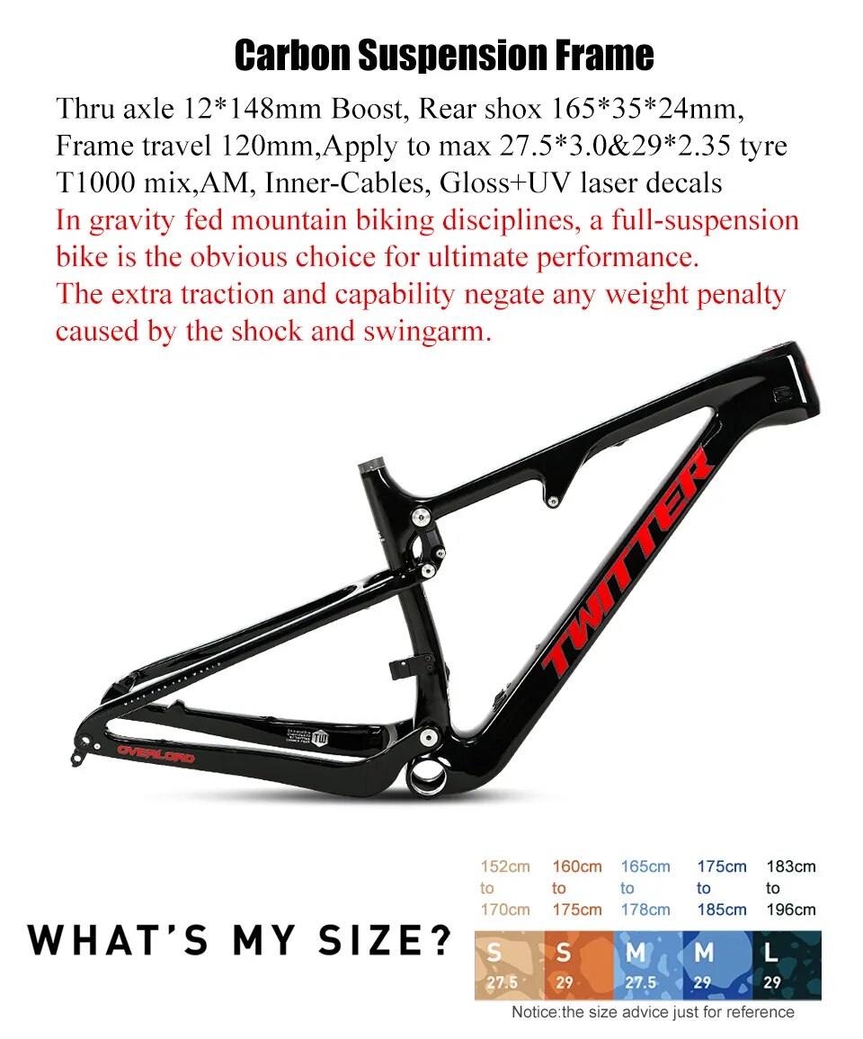 TWITTER 27.5/ 29inch hydraulic disc brake AM class full suspension carbon fiber mountain bike frame Barrel pumping 12*148mm
