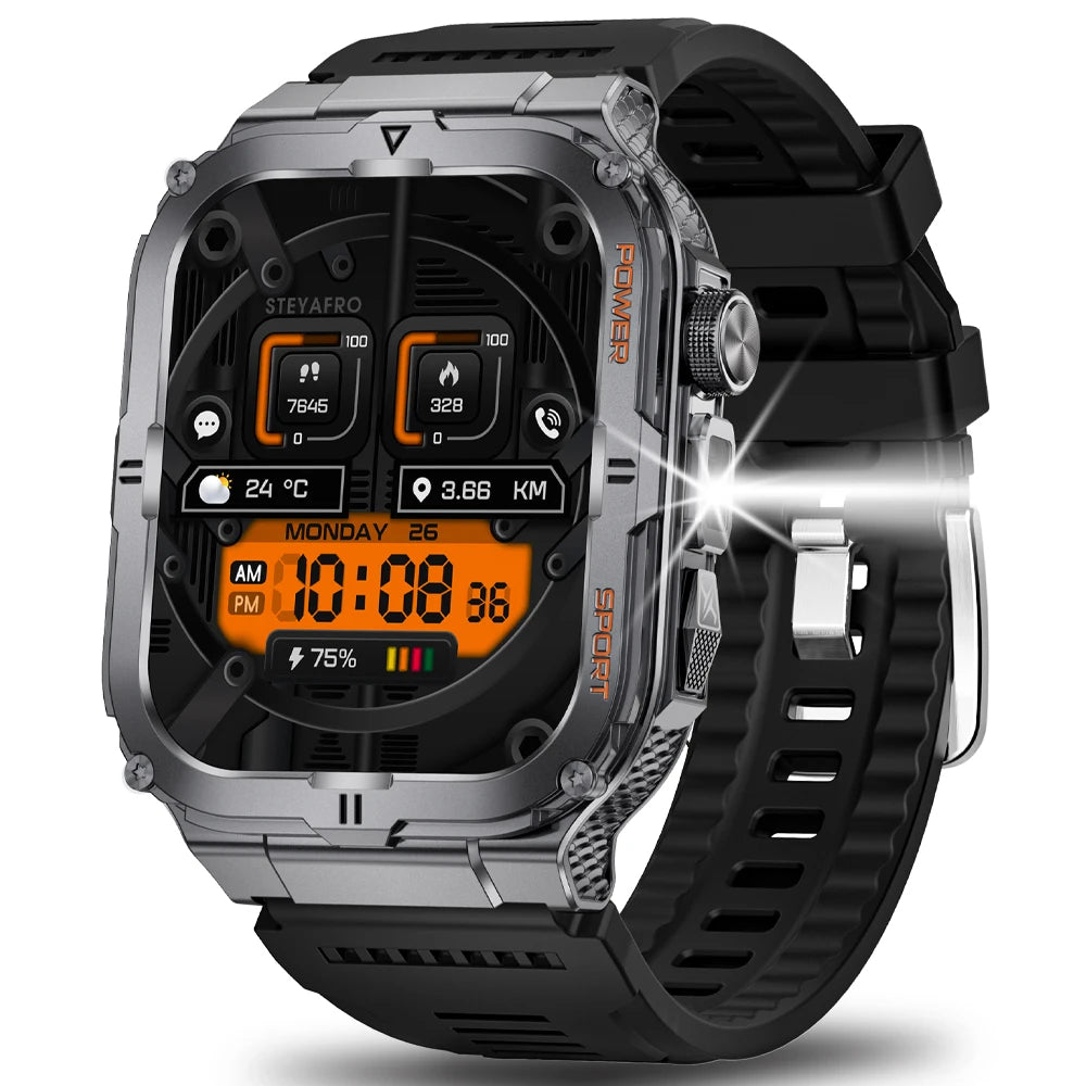 2024 New rugged Military Fitness smartwatch for Men Android IOS IP68 Waterproof Sport Ai Voice Call LED Flashlight Smartwatch