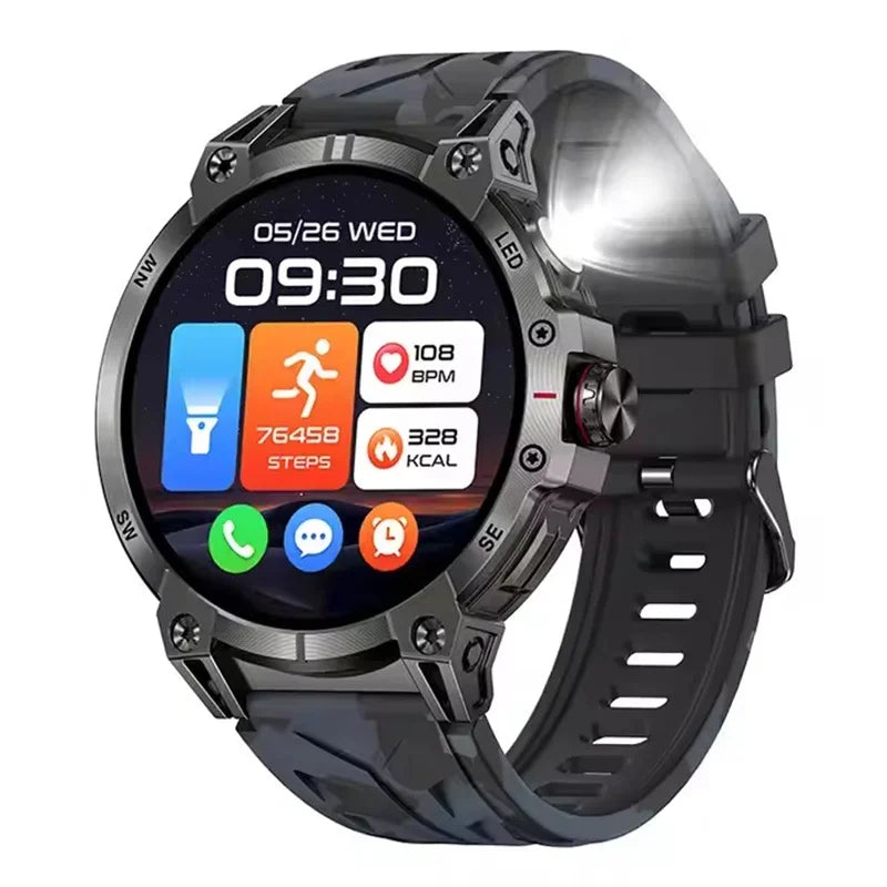 Gaines KC89 Smart Watch Men Outdoor Sports LED Flashlight Copmpass Bluetooth Call AI Voice Health Monitoring Fitness Track Smart