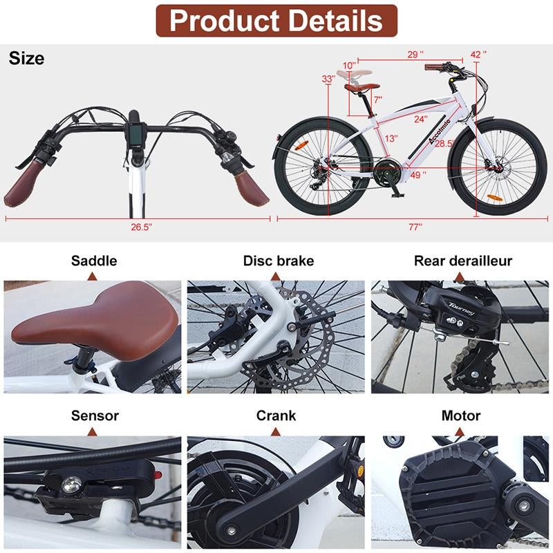 US Stock 26'' Cruiser 43V 500W Electric Bicycle 7 Speed Electric Bike Disc Brake Cycling Electric Bicycle 43V 12.5Ah Hidden Lithium Battery