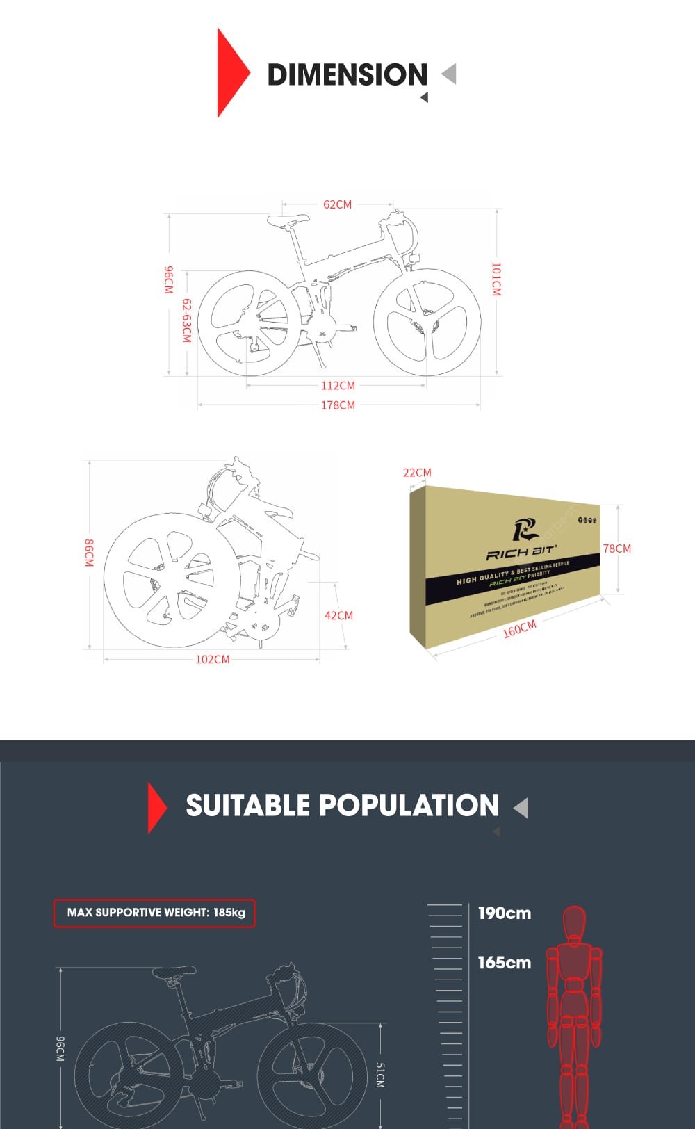 RICH BIT RT-860 26 Inch Electric Folding Bike with Removable Large Capacity Lithium-Ion Battery 36V 250W Electric BikeSmart LCD Meter 27 Speed