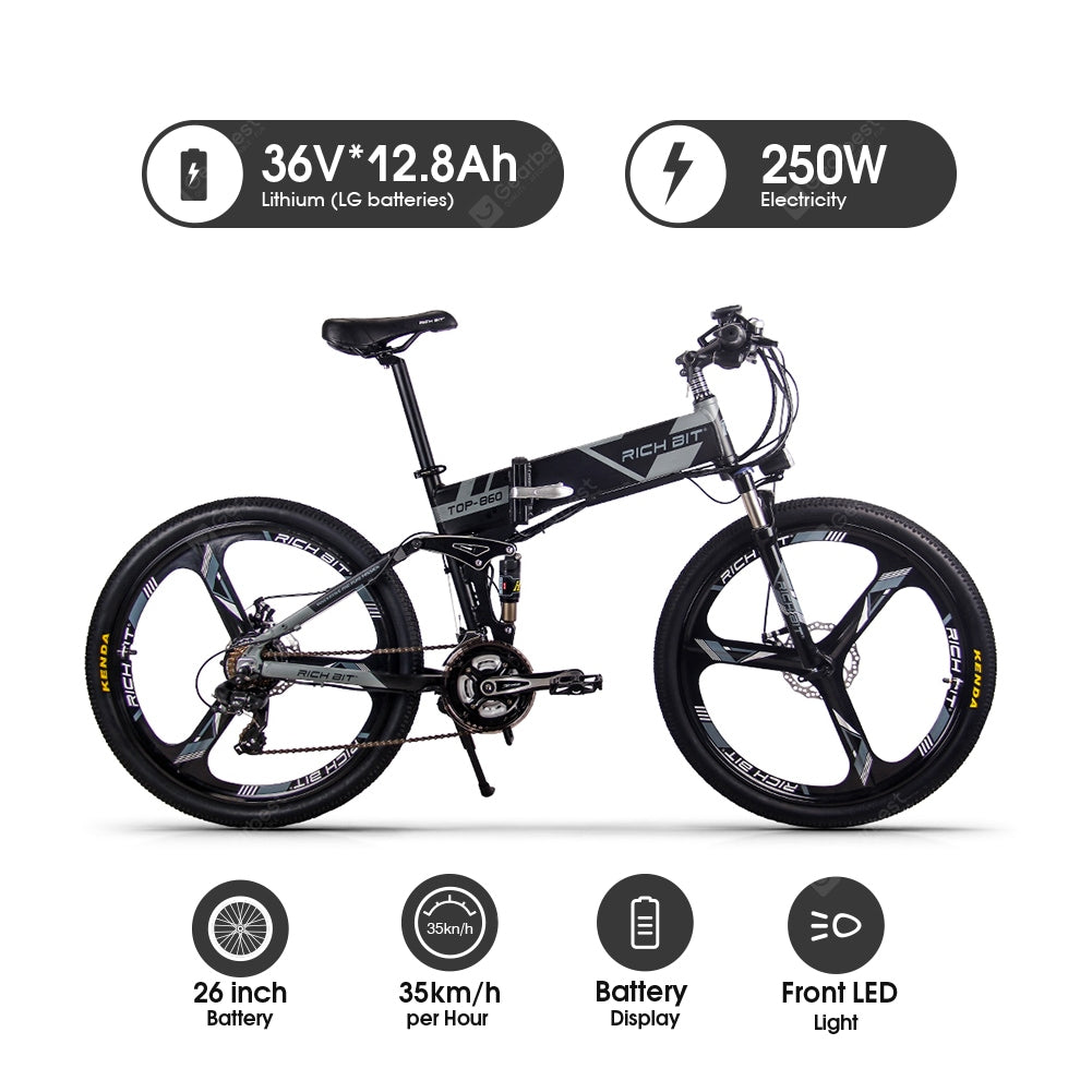 RICH BIT RT-860 26 Inch Electric Folding Bike with Removable Large Capacity Lithium-Ion Battery 36V 250W Electric BikeSmart LCD Meter 27 Speed