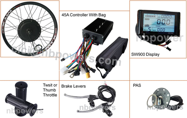 48V 52V 2000W 20''26''27.5''Electric Bicycle Conversion Motor Kit with Brushless Gearless Hub Motor with KT-LCD8H Color Display