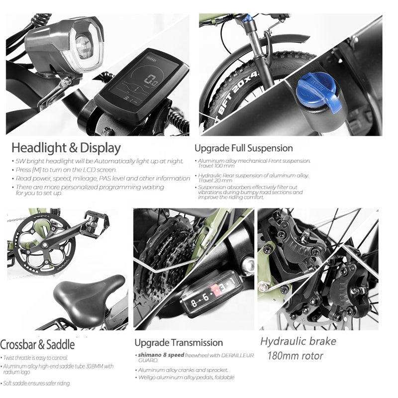 Electric folding bike 20" Fat Bear 8 speed gear 100 miles Ebike 750w Fat Tire foldable Bicycle 14Ah Battery Recharge