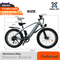 SMLRO V7 1000W Fat Tire Electric Mountain Bike  Alloy Shock Absorbing Frame Mountain Ebike 26*4.0 "7 Speed Road MTB