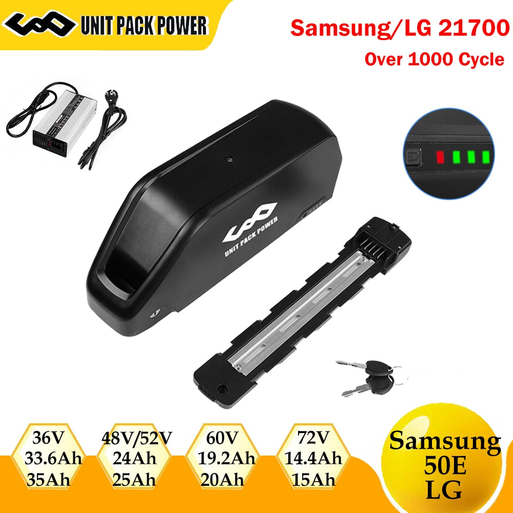 21700 Ebike Battery Pack with Samsung and LG Cells - 36V/48V/52V/60V/72V Options with Downtube Jumbo Polly for 500W-2000W Scooter and Electric Bike Conversion Kit