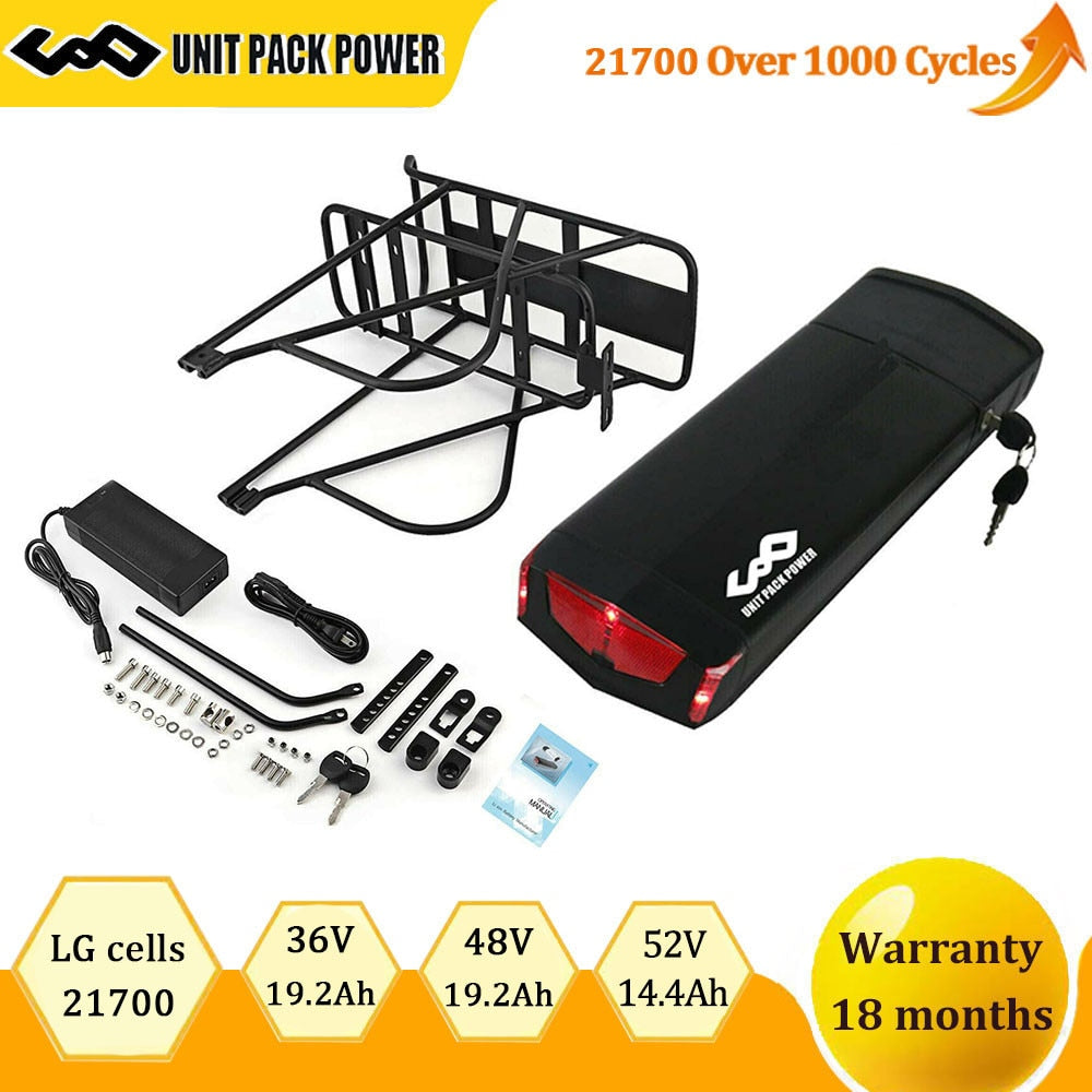 Electric Bicycle Rear Rack Battery with LG 18650 21700 Battery Cells - 36V/48V 12Ah/13Ah/15Ah Lithium Battery for Ebike Motors up to 1000W