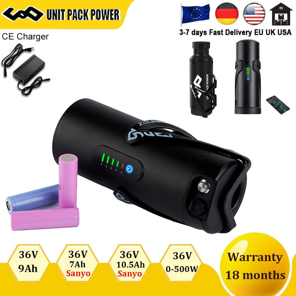 Bottle EBike Battery with 18650 Lithium-Ion Cells and Sanyo E-Bike Battery for Bafang Tonsheng Motor Kits - 36V 7Ah, 9Ah, and 10.5Ah Options Available