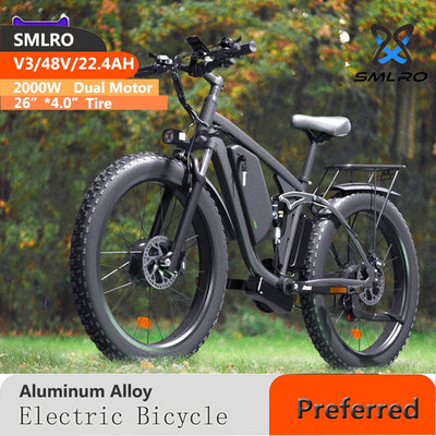 2000W Dual Motor Mountain Electric Bike: SMLRO V3 PLUS Fat Tire 26*4.0 Inch 7 Speed MTB Road Snow Mountain E-Bike