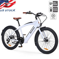 US Stock 26'' Cruiser 43V 500W Electric Bicycle 7 Speed Electric Bike Disc Brake Cycling Electric Bicycle 43V 12.5Ah Hidden Lithium Battery